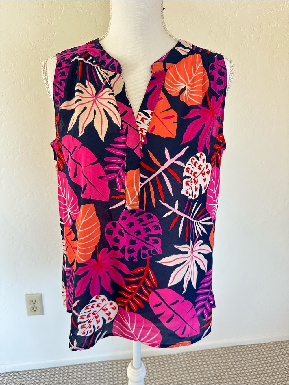 Violet & Claire Navy Tropical Sleeveless Blouse with Pink & Orange Leaves